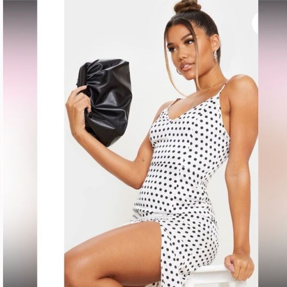 Pretty‎ Little Thing White Polka Dot Satin Open Back Midi Slip Dress Sz 12 - Picture 7 of 7